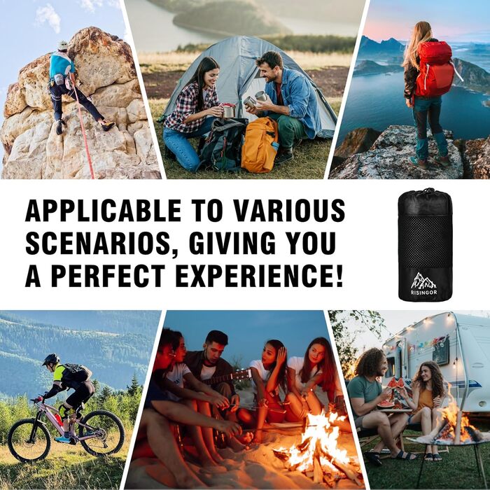 Бавовняна підкладка для спального мішка, надлегкий дорожній спальний мішок, дорожній спальний мішок із двосторонньою блискавкою, підкладка для спального мішка з мікрофібри з кишенею для подушки для кемпінгу та походів, чорний