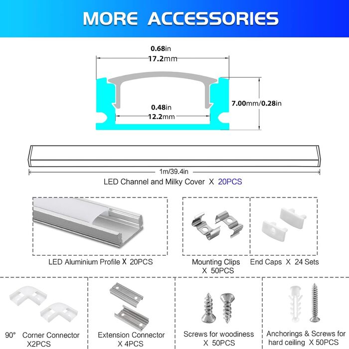 ПАКЕТНИЙ світлодіодний профіль алюміній 20 x 1 м, U-подібний алюмінієвий профіль з молочною кришкою для світлодіодних стрічок, торцевих кришок і монтажного кронштейна для світлодіодних стрічок, дуже проста установка U ПРОФІЛЬ 20 ПАКЕТ, 20-