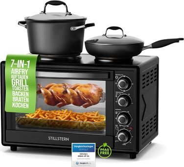 Міні-піч Stillstern з конфорками (45 л, піца Ø32 см, 7в1 аерофритюрниця, розморожування, гриль, тостер, запікання, смаження, варіння) кошик для смаження, конвекція, гриль, брошура з рецептами, ідеально підходить для кемпінгу
