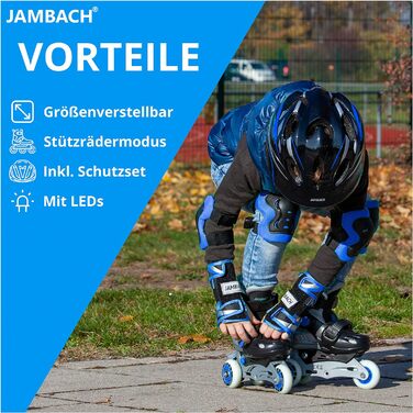 Дитячі роликові ковзани JAMBACH з комплектом захисту, регульованим до роликових ковзанів зі світлодіодами XS (26-29) сині