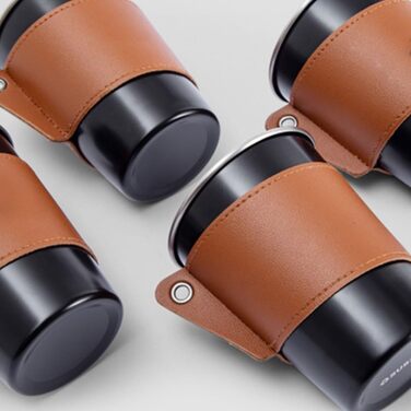 Набір кемпінгових чашок з нержавіючої сталі 304 з шкіряним тримачем, велика місткість 350 мл, 4-елементні штабелювані чашки для подорожей та пікніків