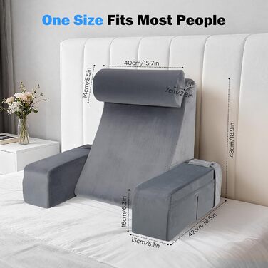 Ергономічна подушка для читання зі знімним підголівником та підлокітниками, з підтримкою спинки для ліжка, дивана, підлоги, регульована для читання, роботи та відпочинку, сіра