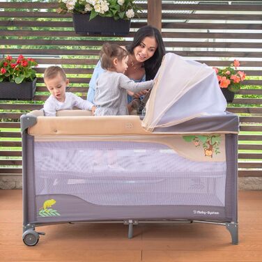 Дорожнє ліжечко-манеж Moby-System Huxley 2-в-1 з пеленальною підкладкою, 2 матрацами, москітною сіткою, сумкою для перенесення - для дітей від 0 до 36 місяців, 128x68x75 см, сірий/рожевий