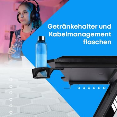 Ігровий стіл NK зі світлодіодним освітленням (120x60 см) - з тримачем для напоїв та пляшок, тримачем для навушників, органайзером для кабелів, стільниця товщиною 1,5 см (максимальне навантаження 100 кг), білий колір