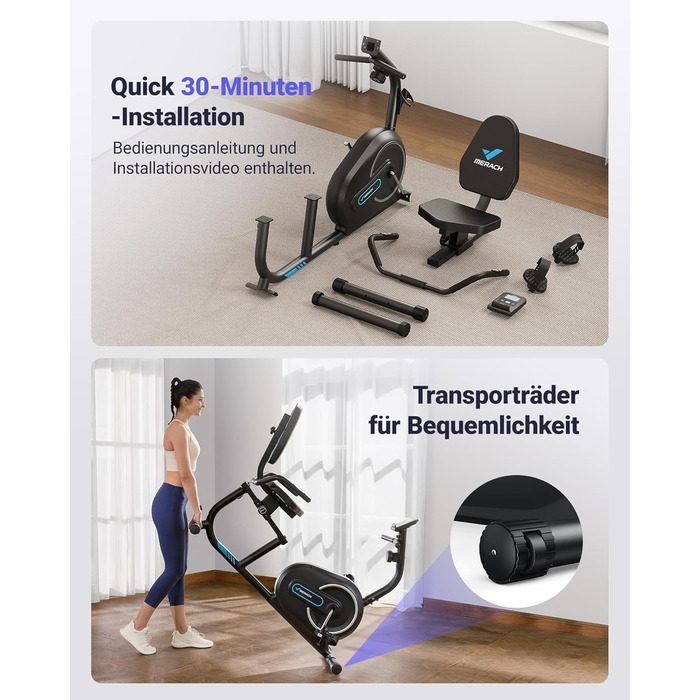 Велотренажер MERACH для домашнього використання з 8 регульованими рівнями опору, Smart Bluetooth, ексклюзивним підключенням до додатків, РК-дисплеєм, датчиками серцевого ритму та регульованою спинкою, синьо-чорний