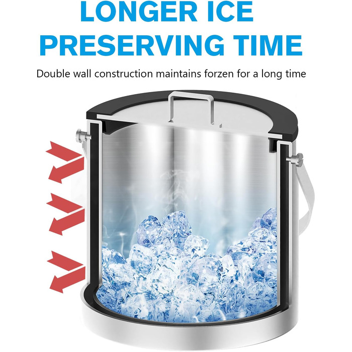 Відро для льоду з силіконовою кришкою, 3 л, двостінне відро, щипці для льоду, ручка і ситечко, велике, з нержавіючої сталі, ізольо
