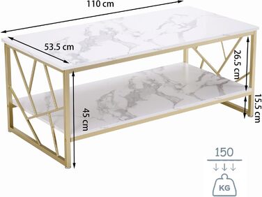Журнальний столик 110x50 см - Білий стіл для вітальні з місцем для зберігання, столики для дивана з МДФ під мармур, сучасний журнальний столик для вітальні 110 x 50 см білий