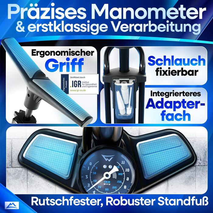 Велосипедний насос NEXTCOVER для всіх типів вентилів з технологією Airflow Насос для вентилів Schrader, Presta та Dunlop Підлоговий насос з манометром Велосипедний насос AirPro