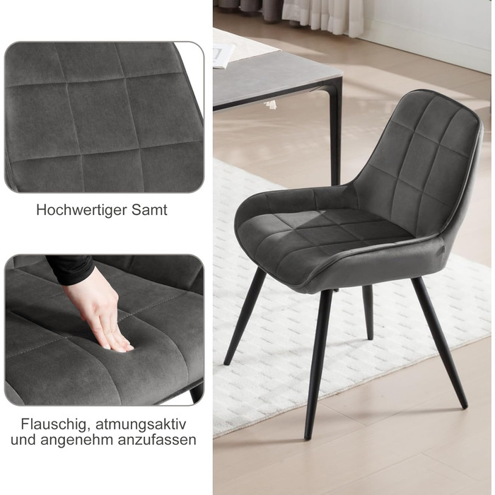 Обідні стільці WOLTU, Комплект з 2 шт. , М&39які оксамитові стільці, М&39які кухонні стільці, Акцентні стільці для вітальні, спальні, кухні, Ергономічні стільці зі спинкою, Темно-сірий, BH331dgr-2 Темно-сірий оксамит