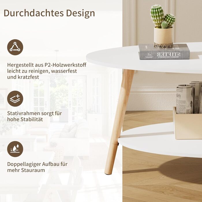 Чайний столик з масиву дерева, овальний двошаровий журнальний столик, круглий стіл для вітальні, журнальний столик, журнальний столик, журнальний столик, білий