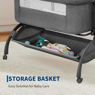 Дитяче ліжечко GarveeHome з дихаючою сітчастою конструкцією та регульованою висотою, готове до подорожей дитяче ліжечко з колесами, що обертаються на 360, конструкція проти ковтання для безпечного спільного сну, темно-сіре