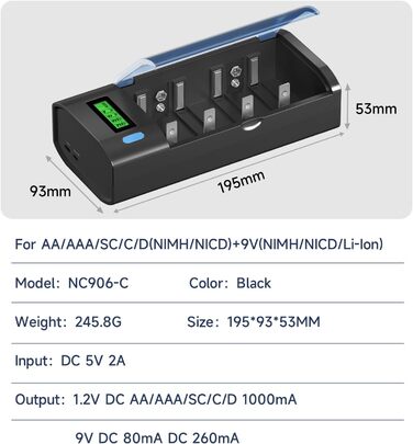 Універсальний зарядний пристрій для акумуляторів типу AA/AAA/SC/C/D/9V Ni-Mh/Ni-CD та 9V Li-ion з функцією розряду та РК-дисплеєм, швидка зарядка