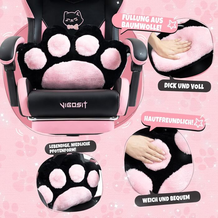 Миле ігрове крісло з поперековою подушкою у формі котячої лапи та котячими вушками, ергономічне ігрове крісло з підставкою для ніг, розкладне ігрове крісло для ПК для дівчаток, підлітків, дітей, чорно-рожеве