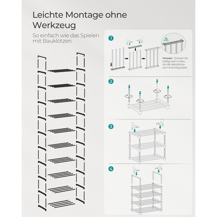 Рівнева взуттєва полиця, висока відкрита шафа для взуття, вузька підставка для взуття, металеве місце для зберігання взуття, компактне, для гардеробної, передпокою, 30 x 45 x 174 см, чорний LSA25BK 10 ярусів (45B см) чорний, 10-