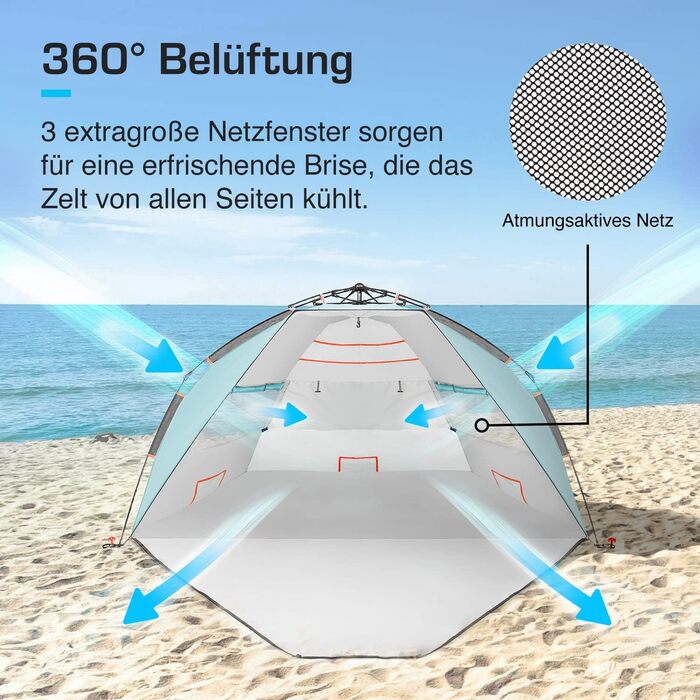 Розкішний пляжний намет Active Era із захистом від ультрафіолету SPF 50, водовідштовхувальний пляжний намет XXL, просте встановлення, намет на 5 осіб, ідеальний вітрозахисний захист для пляжу, саду та кемпінгу, невеликий розмір у упаковці - синій