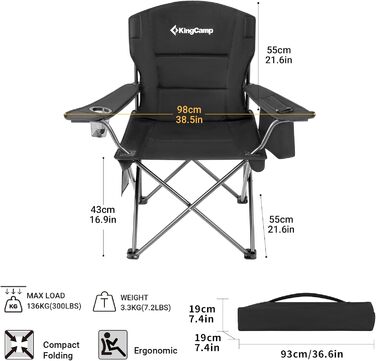 Крісло для кемпінгу KingCamp з сумкою-холодильником та тримачем для напоїв, кемпінгове крісло для дорослих, складні вуличні стільці для саду, пікніка, походів, використання в приміщенні, вантажопідйомність 136 кг, чорний