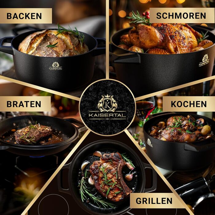 Чавунна каструля KAISERTAL - каструля 2в1 з кришкою 4,8 л та чавунна сковорода 1,8 л - чавунна жаровня з кришкою індукційна - чаву