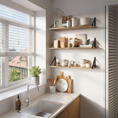 Настінні плаваючі книжкові полиці CASSA ZENO, комплект з 3 шт. , 80 см x 20 см, книжкова полиця для спальні, вітальні, офісу, ванної кімнати, кухні, дерев&39яна, рустикальна, з металевим кронштейном (натуральний колір), натуральний колір, 3 20 Г x 80 Ш x 