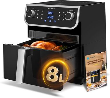 Фритюрниця 8 л з оглядовим вікном, 12 програм, цифровий світлодіодний сенсорний екран, фритюрниця з гарячим повітрям із книгою рецептів, без олії, можна мити в посудомийній машині, срібло без BPA 1700 Вт 8 л