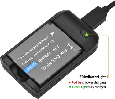 Зарядний пристрій NP-6L з USB-портом, батарейки та зарядний пристрій зі світлодіодним індикатором, 2 батарейки 3,7 В 700 мАг з USB-кабелем для заряджання