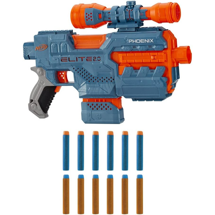 Моторизований бластер Elite 2 Phoenix CS-6, 12 дротиків Nerf, магазин на 6 дротиків, оптичний приціл, тактичні рейки, точки кріплення, батарейки 4AA Батарейки не входять до комплекту