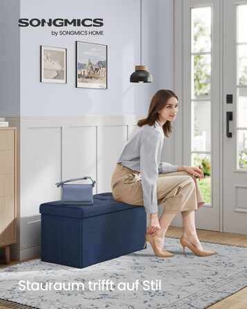 Пуф для зберігання SONGMICS, Складана лавка, Пуф для ніг 38 x 76 x 38 см, Коробка для зберігання, Вантажопідйомність до 300 кг, для вітальні, спальні, коридору, Темно-синій SPF 47IN 76B см Темно-синій