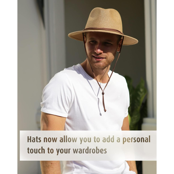 Унісекс Панама Капелюх Широкий козирок Літній капелюх Захист від УФ-випромінювання Сонячний капелюх з ремінцем підборіддя Пляжний капелюх для чоловіків та жінок Регульований солом&39яний капелюх ML Хакі