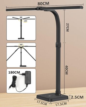 Настільна лампа Tantu зі світлодіодним регулюванням яскравості, з бездротовою зарядкою 15 Вт і функцією заряджання USB, настільна лампа з подвійною головою потужністю 24 Вт 80 см, офісна лампа 5 кольорів 5 рівнів яскравості Гусяча шия (чорна)