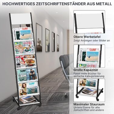 Шарова стійка для журналів SUNDOY з колесами підлогова підставка для брошур та каталогів, стійка для журналів на колесах для офісу, ярмарків та дому (ширина 32,5 см) 5-шарова, ширина 32,5 см, 5-