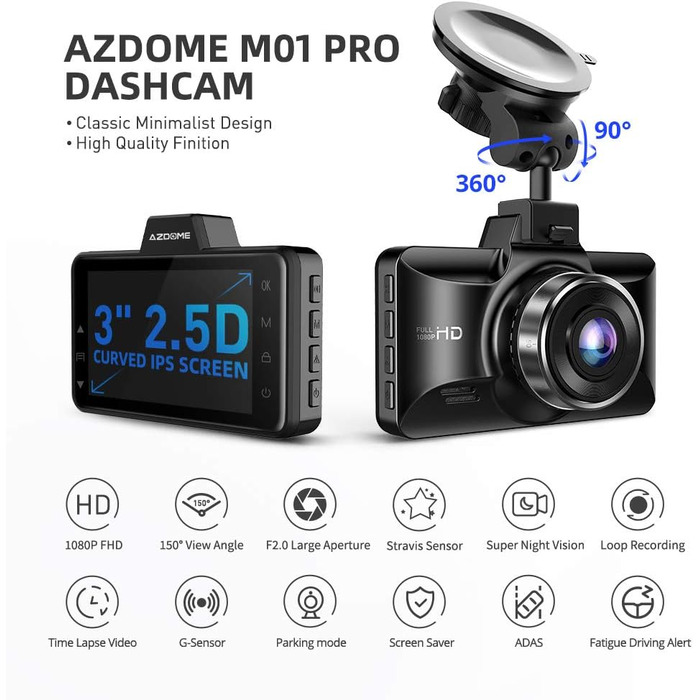Автомобільна передня задня камера AZDOME M01 Pro Dashcam 1080P FHD з картою пам'яті 64GB, подвійна автомобільна камера з моніторин