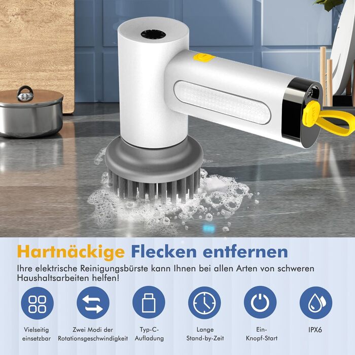 Електрична щітка для чищення, віджимний скребок для ванної кімнати та затірки, щітка для чищення домогосподарства з 5 насадками, 2