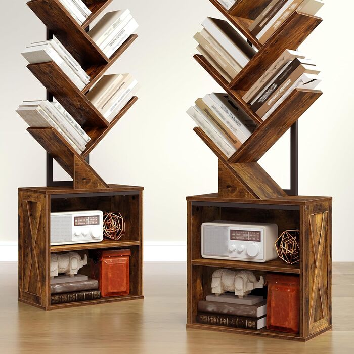 Книжкова полиця у формі дерева, 9-ярусна окремостояча полиця, стійка для CD/DVD, дерев&39яний каркас з металевим каркасом, кутова полиця, що економить місце, окремостояча книжкова вежа для вітальні, спальні, офісу, бібліотеки, вінтажний коричневий колір