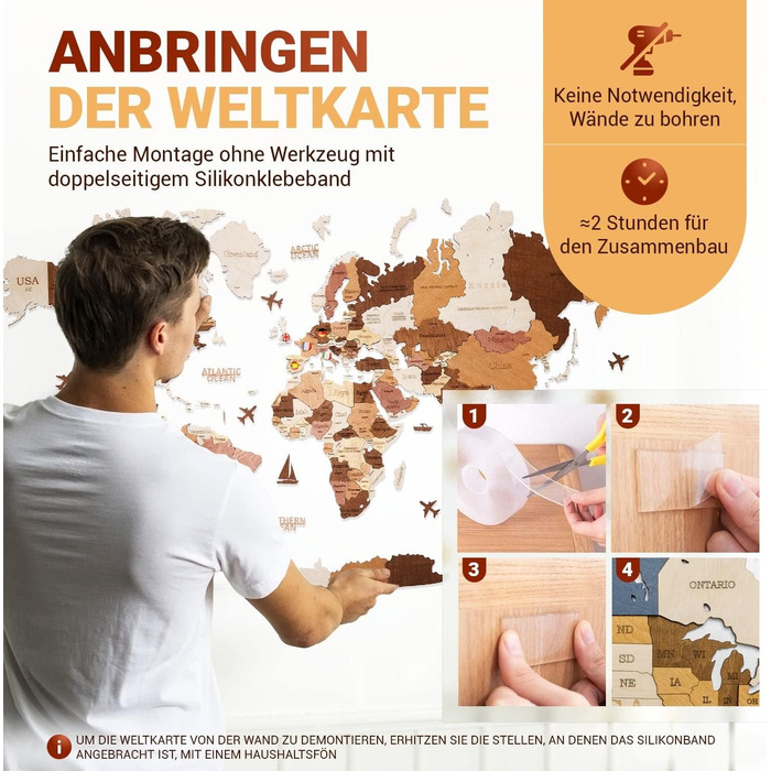 Преміальна 3D дерев&39яна карта світу настінна прикраса німецькою мовою зі шпильками Кріплення на стіну без інструментів Ідея подарунка на будь-яку подію Дерев&39яна настінна прикраса для дому та офісу (колір дерева, 160x85 см) 160Д x 85Ш см, колір дерева