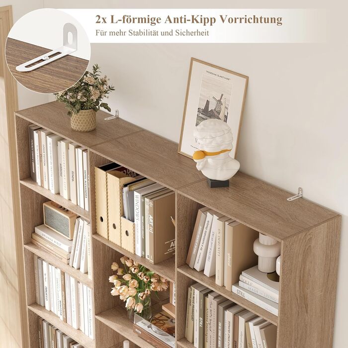 Книжкова шафа FirFurd 188 см, полиця з 17 відділеннями, книжкова шафа, окремостояча полиця, полиця для зберігання, для вітальні, офісу, кабінету, 149 x 23,5 x 188 см, дуб