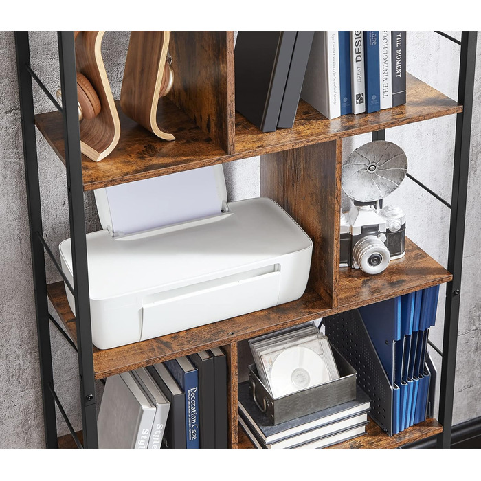 Книжкова полиця VASAGLE, 5-ярусна полиця, окремостояча полиця, офісна полиця, відкриті полиці, промисловий дизайн, для вітальні, спальні, офісу, кабінету, домашнього офісу, вінтажний коричнево-чорний колір LBC121B01