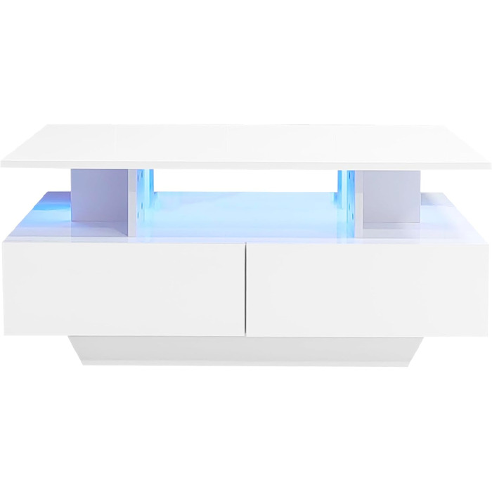 Журнальний столик Merax глянцевого білого кольору, стіл для вітальні зі світлодіодним підсвічуванням, журнальний столик з 2 шухлядами, відкриті відділення, стильний столик для дивана, бічний столик, чайний столик, елегантний прямокутний центральний столик