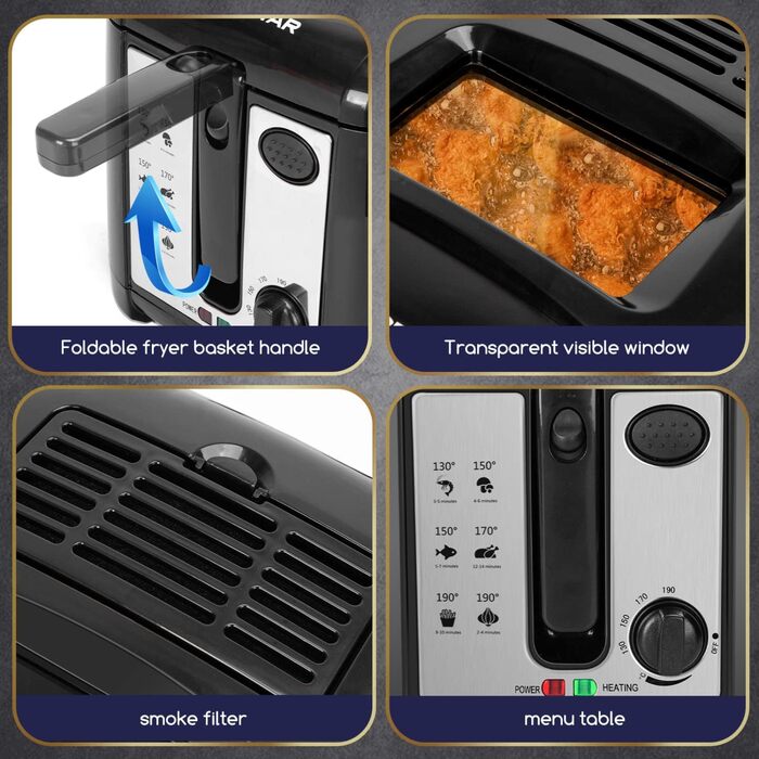 Фритюрниця об'ємом 2,5 л, 1650 Вт, фритюрниця без бісфенолу А з оглядовим вікном, контролем температури та дисплеєм, чорна
