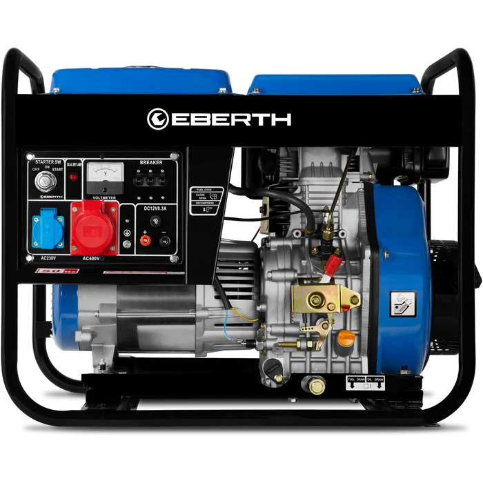 Дизельний аварійний генератор EBERTH потужністю 5000 Вт, генератор з дизельним двигуном потужністю 10 к.с., 4-тактний, електричний запуск, 3-фазний, 400 В, 230 В, 12 В, автоматичний регулятор напруги (AVR), захист від низького рівня оливи, 3-фазний (400 В