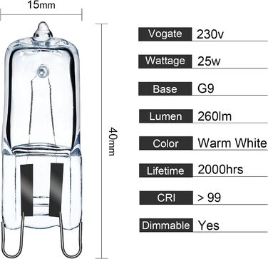 Галоген G9 40 Вт 230 В Лампа для духовки Лампа для духовки та мікрохвильової печі 300 градусів C Термостійкі лампочки в упаковці 2, теплий білий
