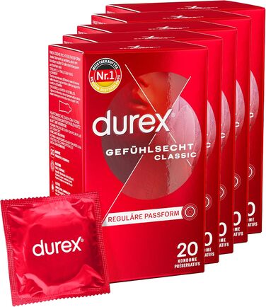 Класичні презервативи Durex Gefhlsecht - 100 презервативів для інтенсивних відчуттів та інтимної єдності - 5 x 20 шт.