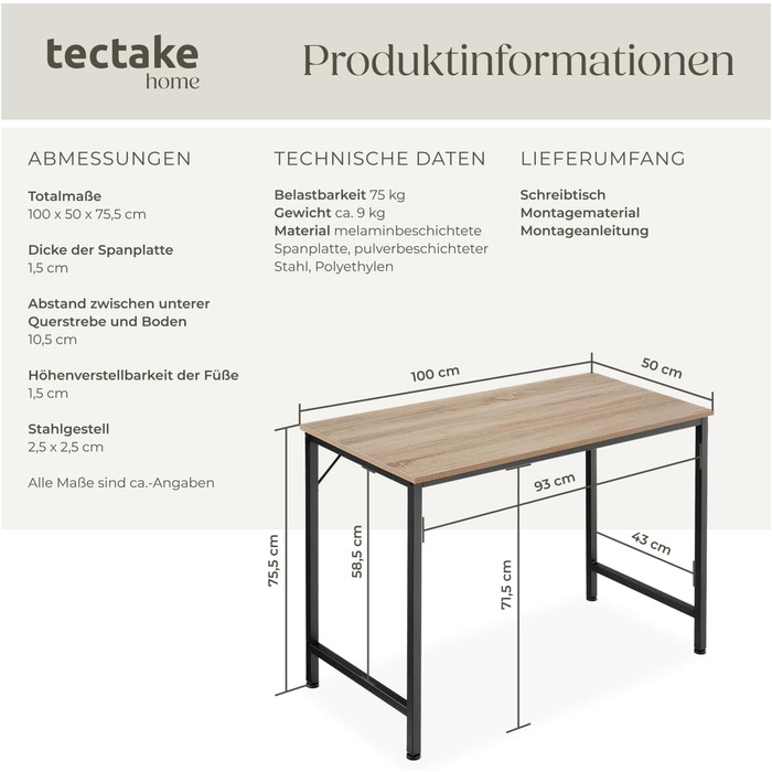 Письмовий стіл, Комп&39ютерний стіл, Офісний стіл, ПК-стіл, Меблі для навчання, Домашній офіс, Офіс, Невеликий письмовий стіл, Каркас столу зі стільницею - Індустріальна світла деревина, Дуб Сонома, 100 см Індустріальна світла деревина, Дуб Сонома Jenkins