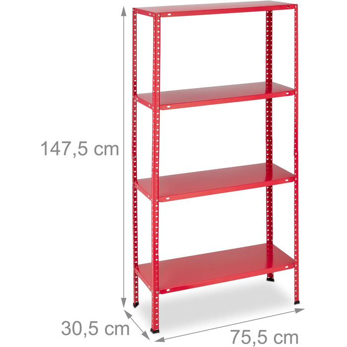 Потужний стелаж Relaxdays, комплект з 2 шт., вантажопідйомність 160 кг, 4 полиці, висота та ширина 147,5x75,5x30,5 см, для підвалу та гаража, металевий стелаж, червоний