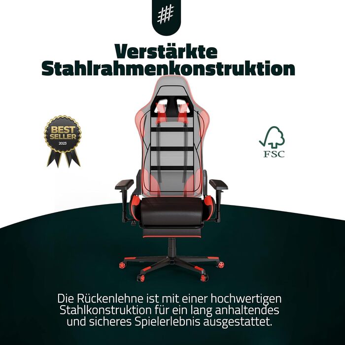 Ергономічне офісне крісло Game Hero - Ігрове крісло з подушкою для стегон та підголівником - Геймерське крісло з підставкою для ніг - Шкіряне крісло для роботи, Ігрове крісло до 125 кг - Winner X1 (червоне)