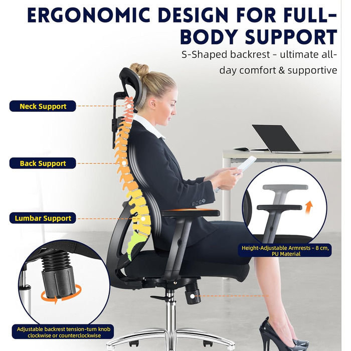 Ергономічне офісне крісло, стілець для роботи з регульованим підголівником, підлокітниками та поперековою опорою, обертове крісло з сітки, крісло для керівника з регульованою висотою, комп&39ютерне крісло з функцією гойдання, вантажопідйомність 150 кг