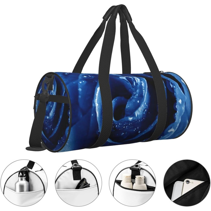 Спортивна сумка, дорожня сумка, красива блакитна троянда, ілюстративний принт, сумка для подорожей на ніч, чорна, універсальний розмір, сумка для подорожей