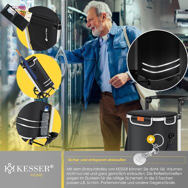 Складний візок для покупок 56л, витримує до 50кг 3-в-1 Візок-сумка, візок для перевезення та сумка через плече Складний візок з термосумкою та тримачем для ключів Чорний, для подолання сходинок