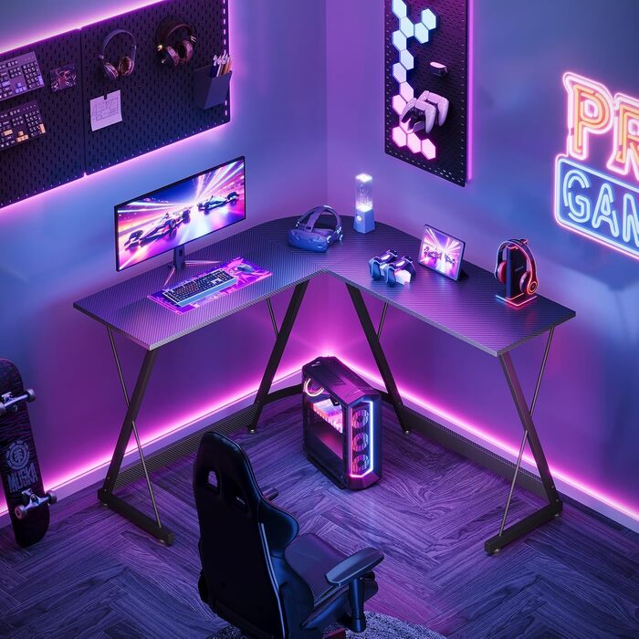 Ігровий стіл ODK, L-подібний ігровий стіл 120 x 120 см, стабільний та компактний кутовий стіл для домашнього офісу та ігор, чорний колір з вуглецевого волокна 120 x 120 см