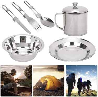 Набір столових приборів для кемпінгу, набір посуду з нержавіючої сталі, мірний набір, включає тарілку, чашку, виделку, ложку, ніж, набір столових приборів 8 в 1 з сітчастою сумкою, набір посуду для кемпінгу, походів та пікніків на свіжому повітрі