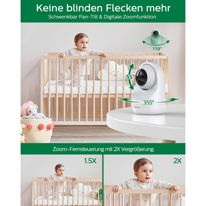 Дюймовий радіоняня Sebikam з 2 камерами, екран HD 720P, відеоняня, батарея 4000 мАг, відеоняня PTZ 355, режим VOX, нічне бачення,