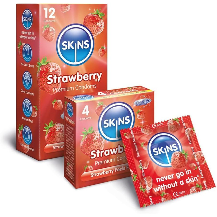 Презервативи Premium Skins зі смаком полуниці, велика коробка Ультратонкі ароматизовані презервативи для орального та вагінального сексу Презервативи з екстра ароматизованим мастилом для додаткового задоволення 100 шт.